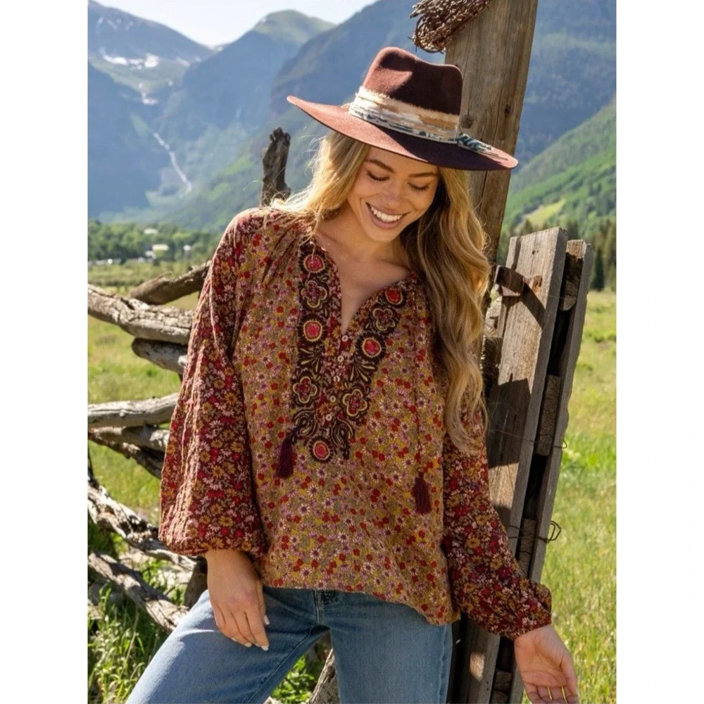 Natural Life Peasant Boho Floral Tassel Blouse Top Womens XS Embroidered Prairie - Picture 1 of 8
